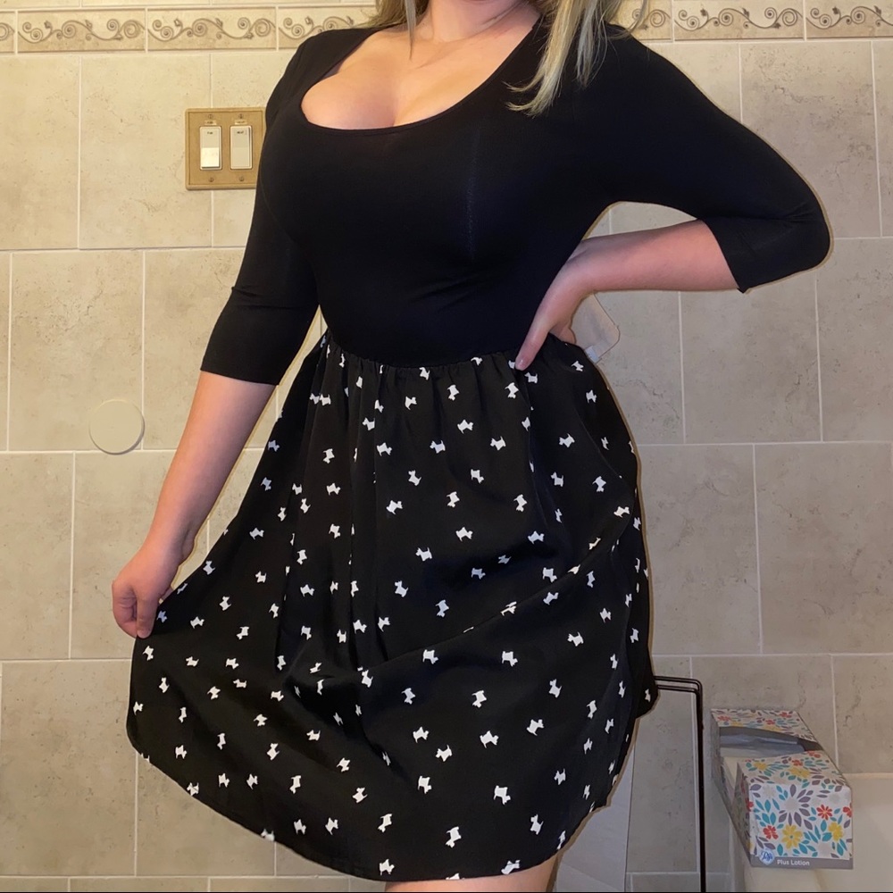 Nordstrom Black Scoop-Neck Mini Dress with White Dog Motif